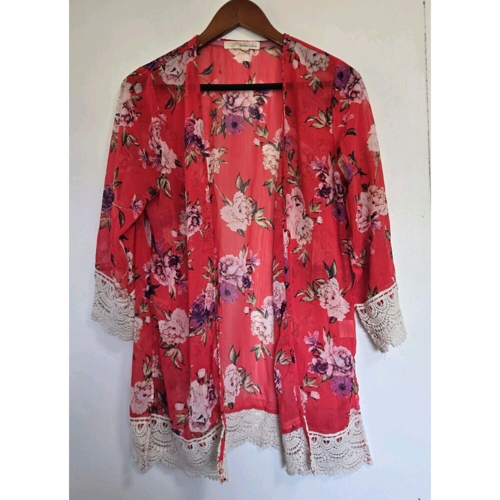 Rewind Cardigan Womens S Red  Floral Sheer Boho Kimono Flower Festival Travel